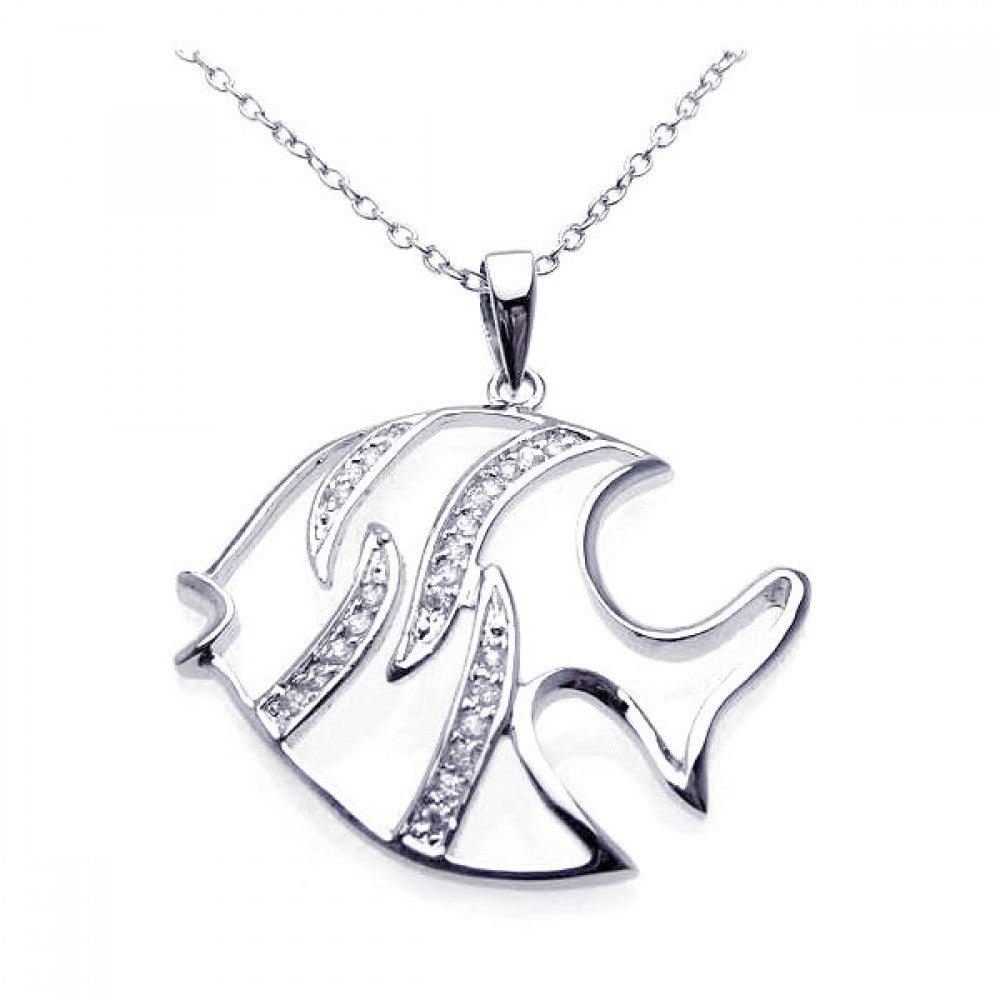 Silver 925 Rhodium CZ White Enamel Fish Necklace - BGP00217
