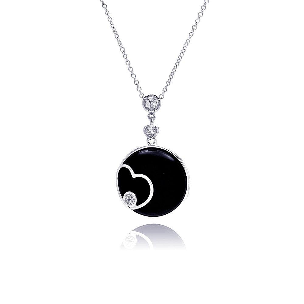 Silver 925 Rhodium Black Round Onyx Heart Outline CZ Necklace - BGP00230