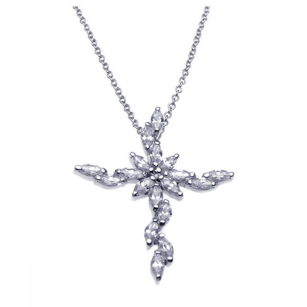 Silver 925 Rhodium Marquis Cross CZ Necklace - BGP00235