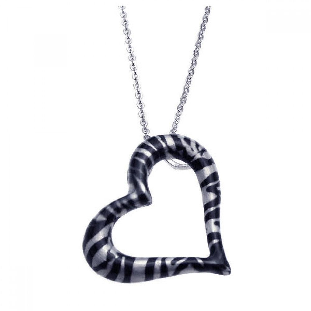 Silver 925 Rhodium Plated Open Zebra Print Heart CZ Necklace - BGP00239