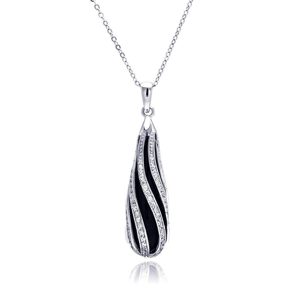 Silver 925 Rhodium Teardrop Black Onyx Striped Curved CZ Necklace - BGP00242