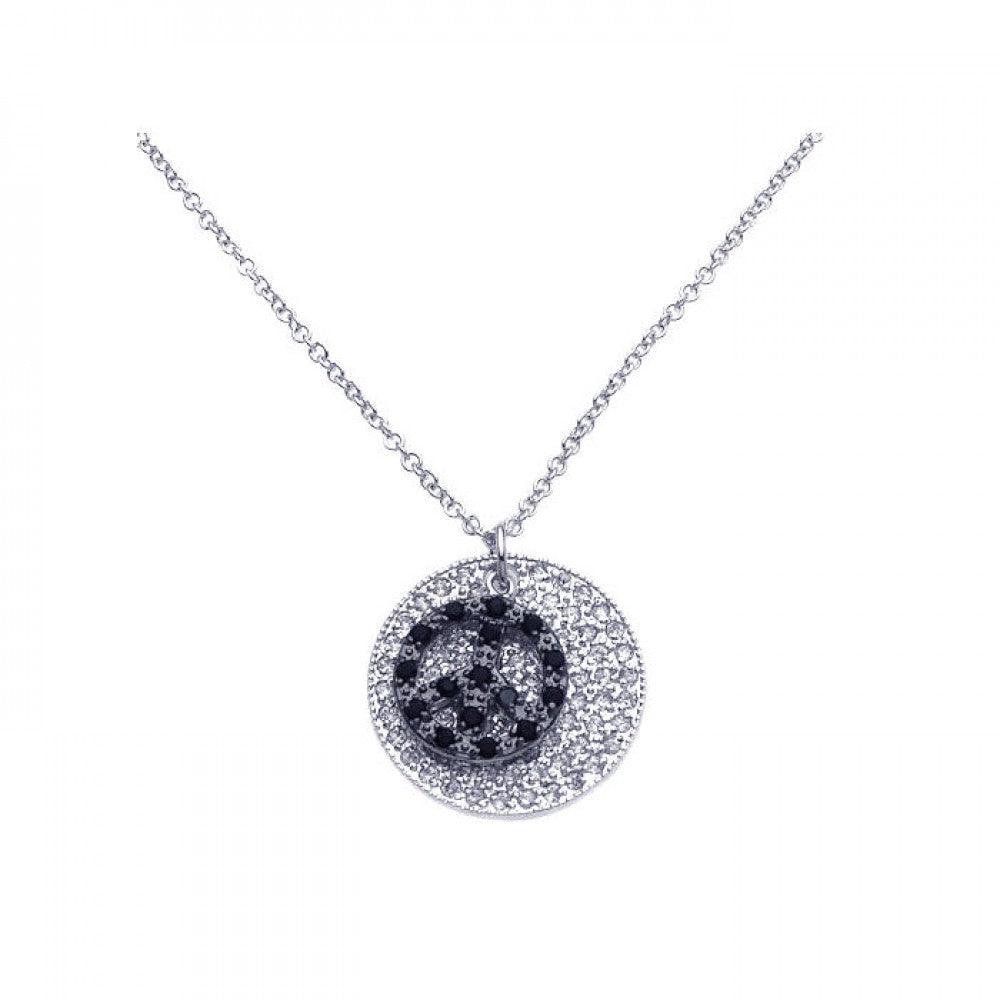Silver 925 Rhodium Circle Open Black Peace Sign CZ Necklace - BGP00243