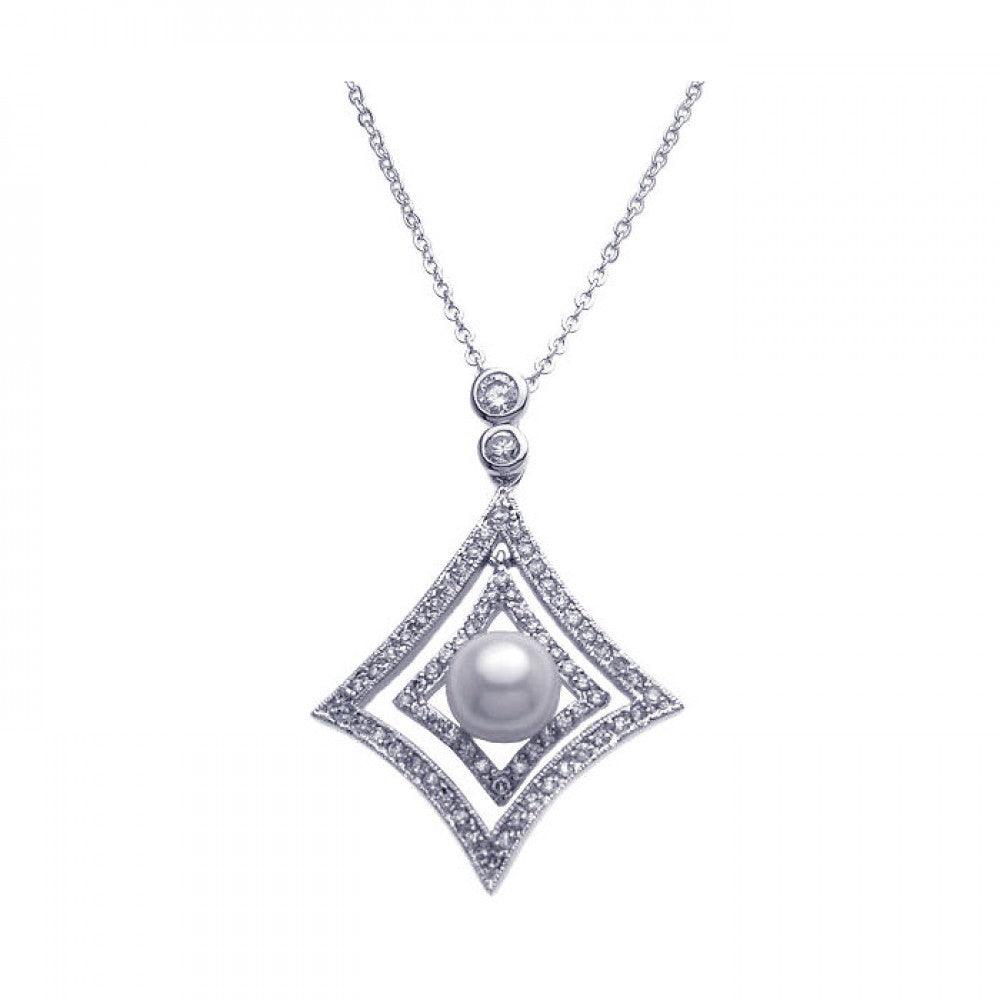 Silver 925 Rhodium Plated Open Square CZ Center Pearl Necklace - BGP00254