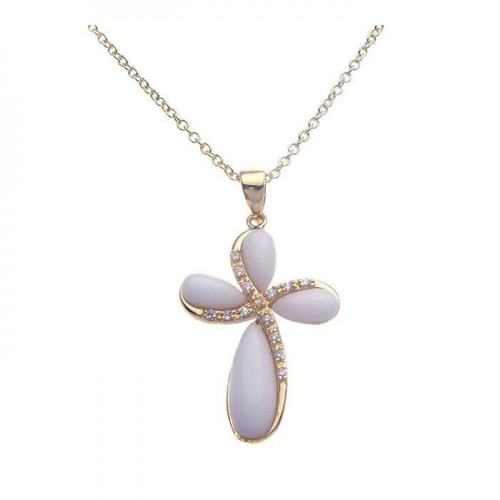 Silver 925 Gold Plated Ivory Cross CZ Necklace - BGP00259