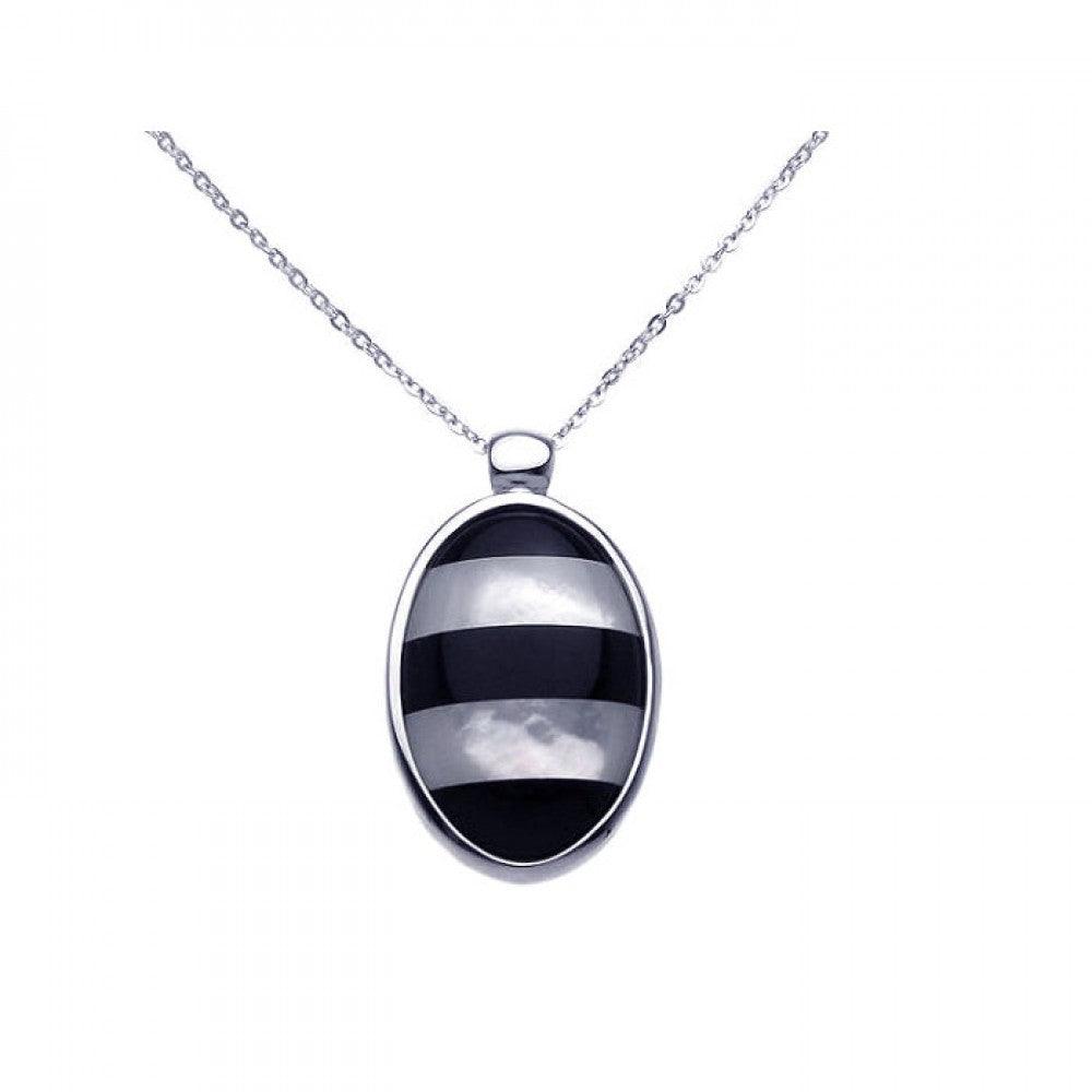 Silver 925 Rhodium Plated Mother of Pearl Onyx Oval CZ Necklace - BGP00278