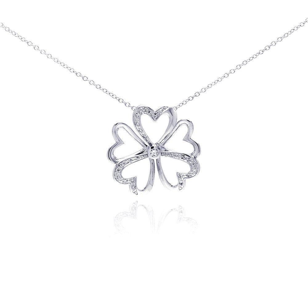 Silver 925 Rhodium Plated Open Heart Flower CZ Necklace - BGP00287