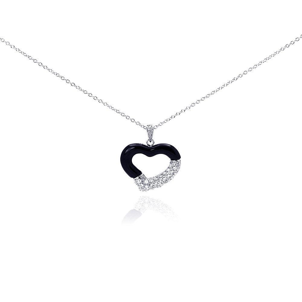 Silver 925 Rhodium Plated Open Heart Black Onyx Clear CZ Necklace - BGP00292