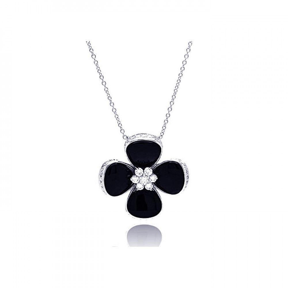Silver 925 Rhodium Plated Black Onyx Clover CZ Necklace - BGP00301