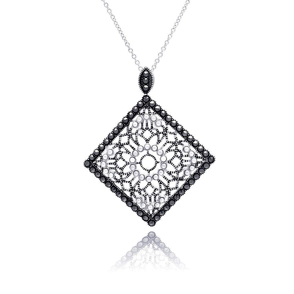 Silver 925 Black Rhodium Plated Square Filigree Marcasite CZ Necklace - BGP00303