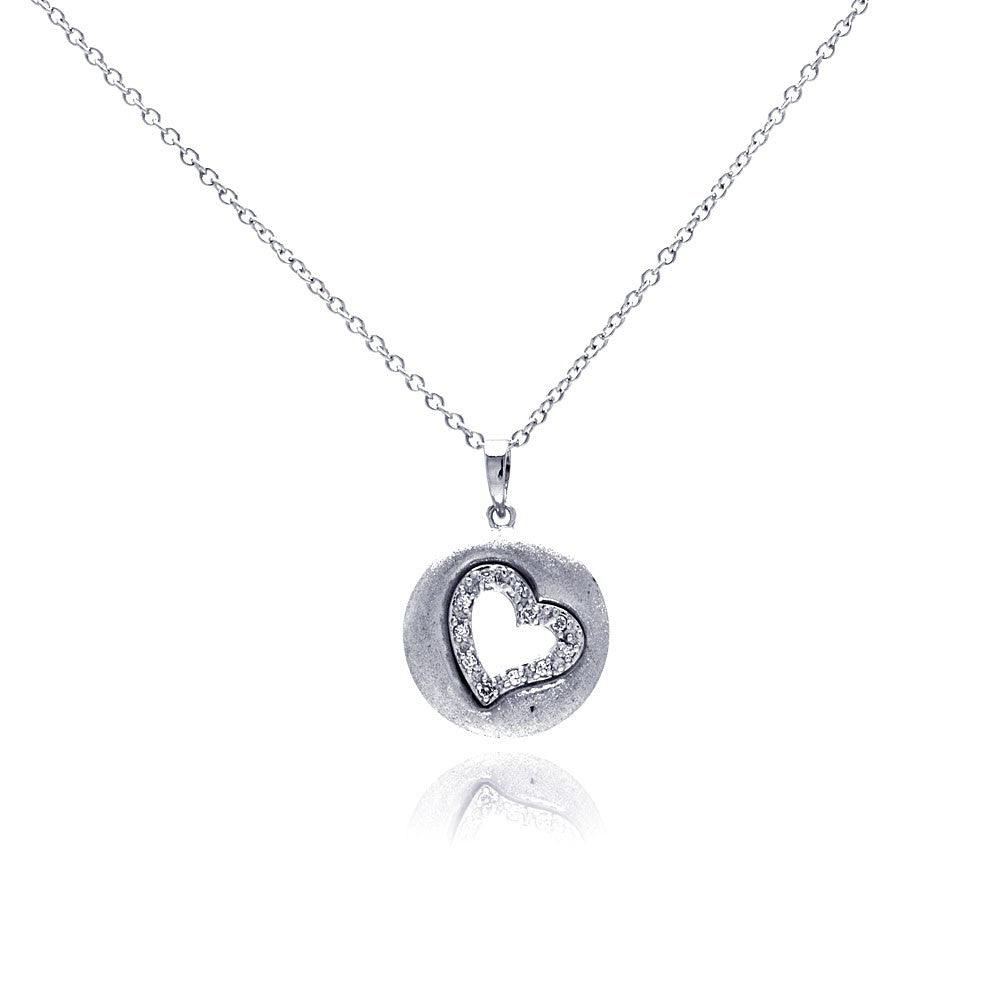 Silver 925 Rhodium Plated Open Heart Imprint CZ Necklace - BGP00304