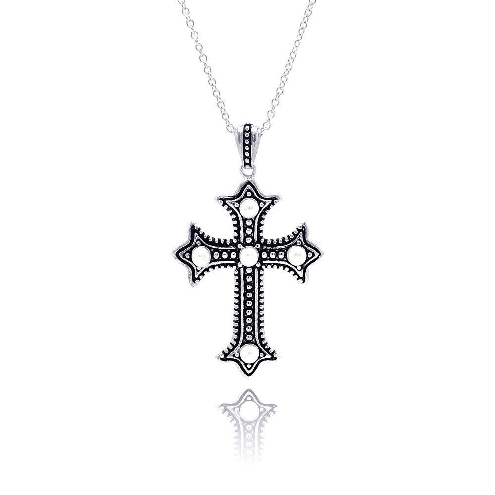 Silver 925 Black Rhodium Plated Cross CZ Necklace - BGP00305