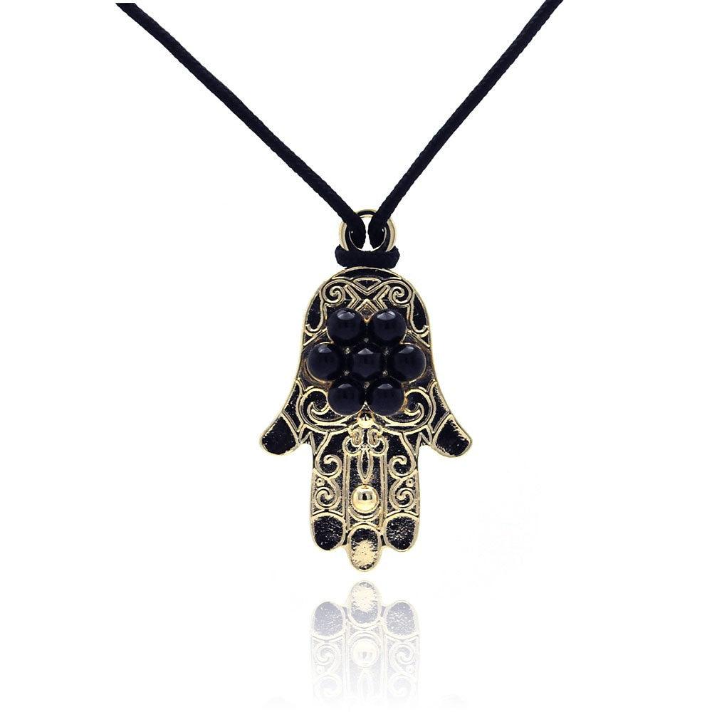Silver 925 Gold and Rhodium Plated Black Hamsa CZ Necklace - BGP00307