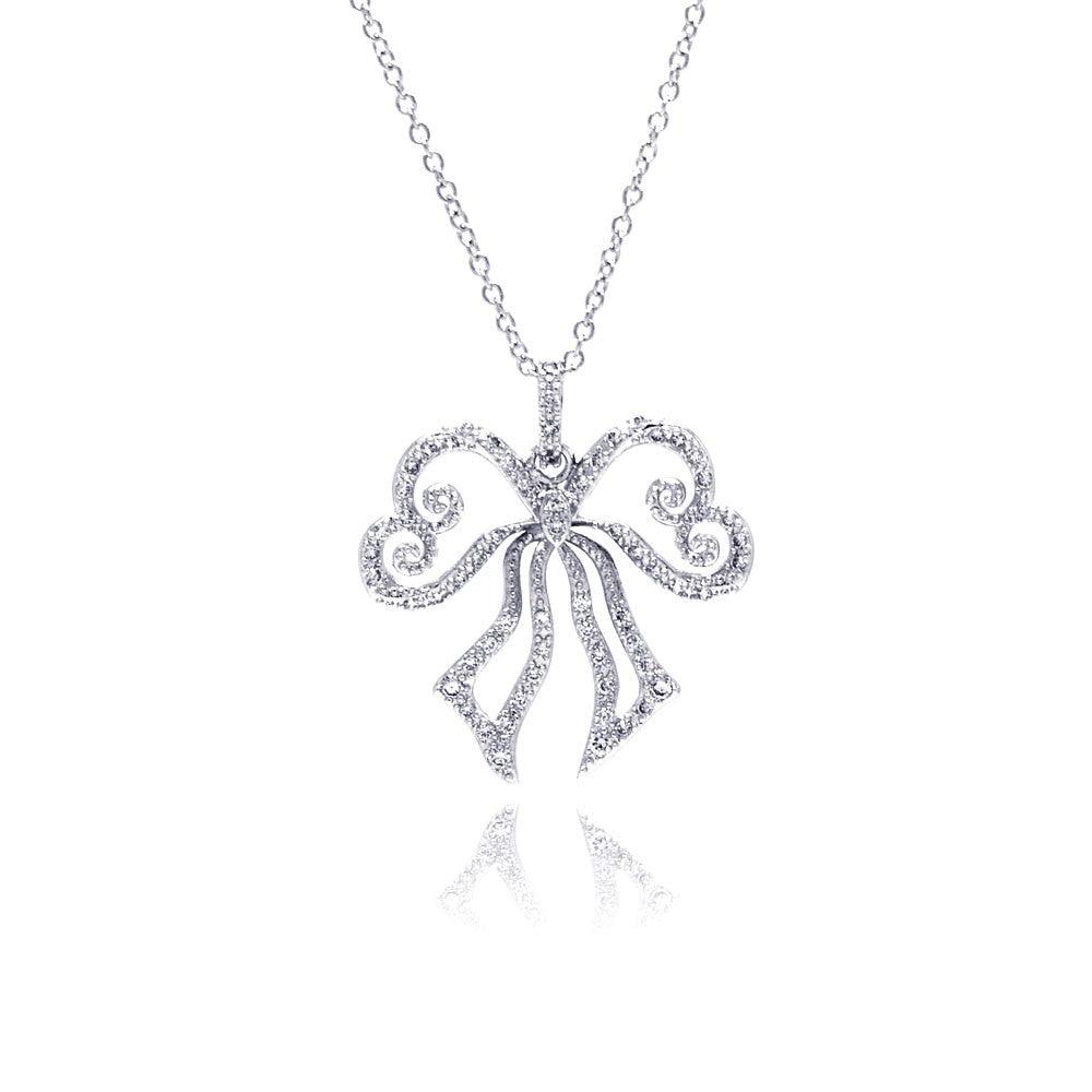 Silver 925 Rhodium Plated Open Ribbon CZ Necklace - BGP00320