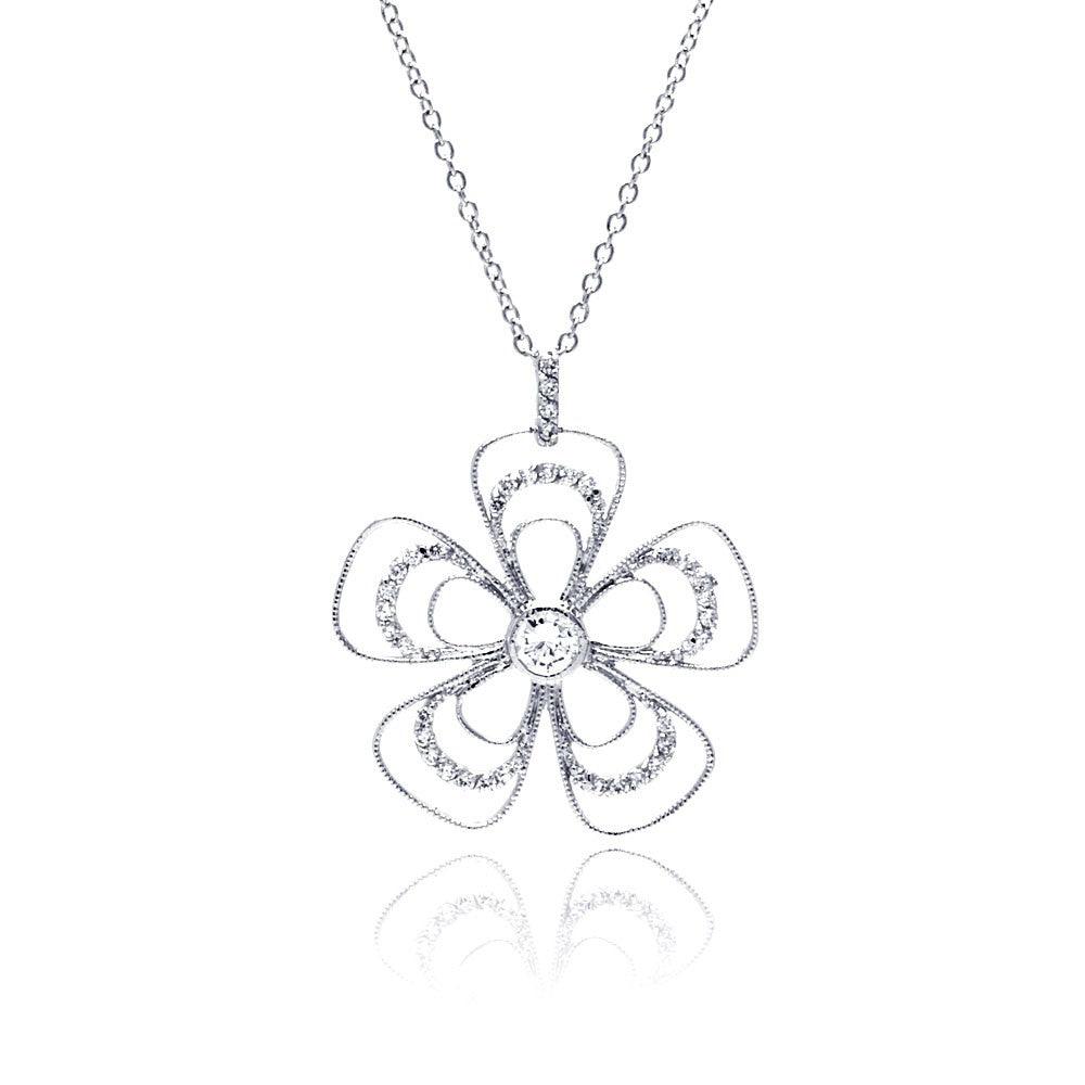 Silver 925 Rhodium Plated Open Flower CZ Necklace - BGP00321