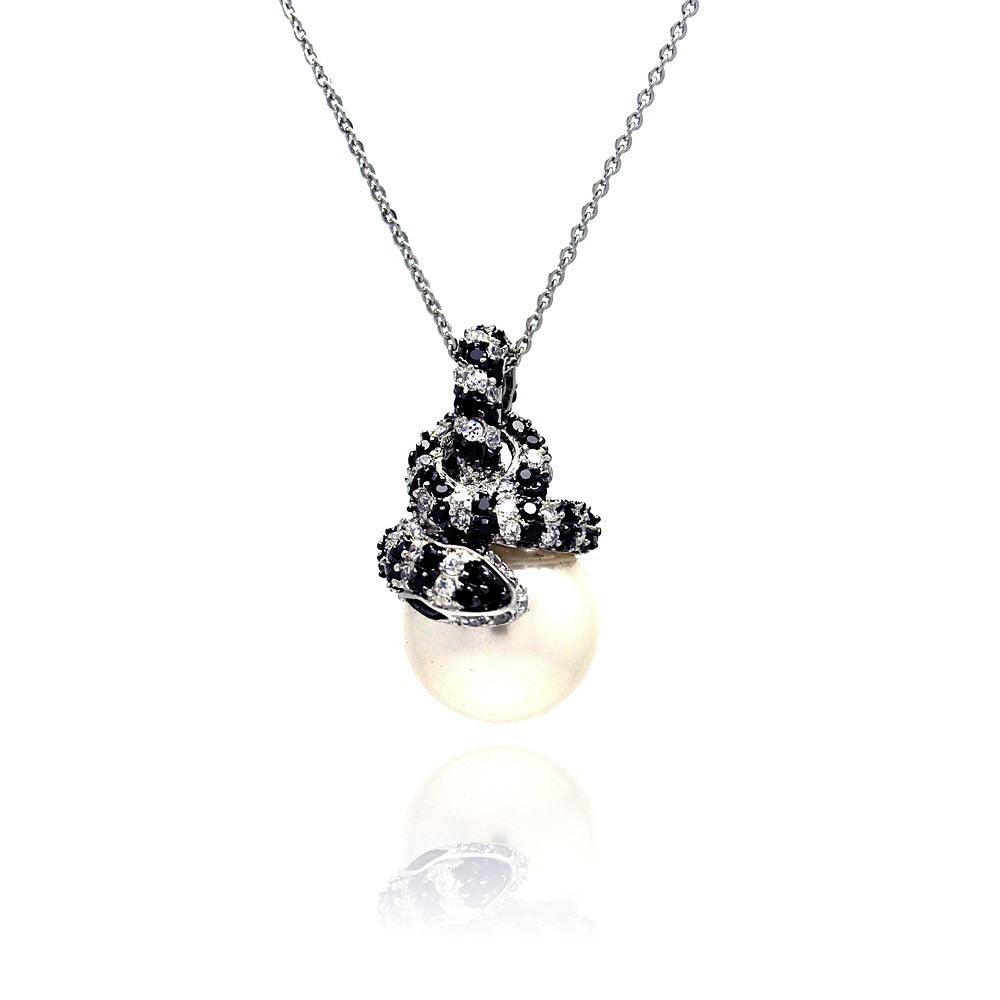 Silver 925 Rhodium Plated Snake Black and Clear CZ Necklace - BGP00336