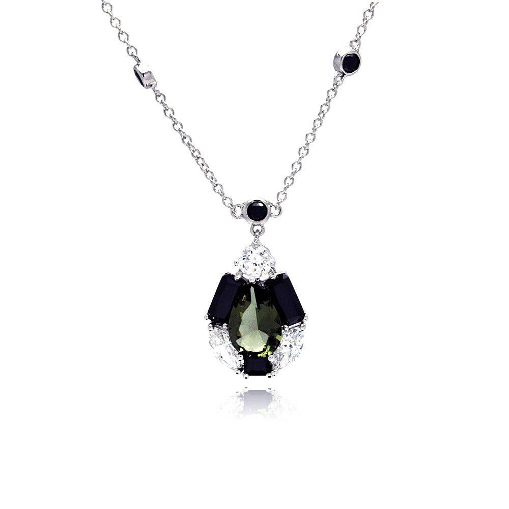 Silver 925 Rhodium Plated Green Center Teardrop Black Baguette CZ Necklace - BGP00342