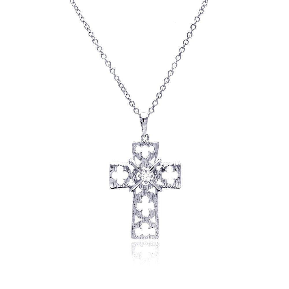 Silver 925 Rhodium Plated Open Clover Leaf Cross CZ Necklace - BGP00429