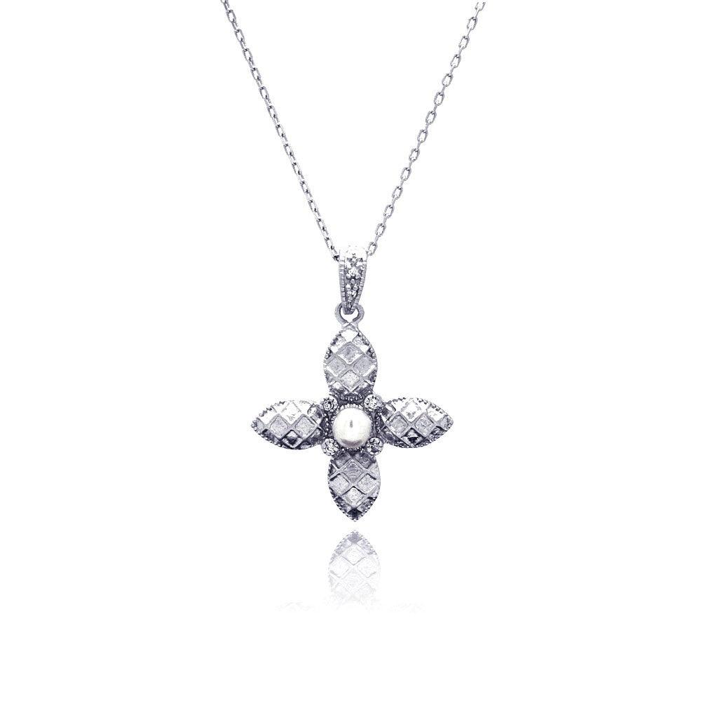 Silver 925 Rhodium Plated Flower CZ Center Pearl Necklace - BGP00432