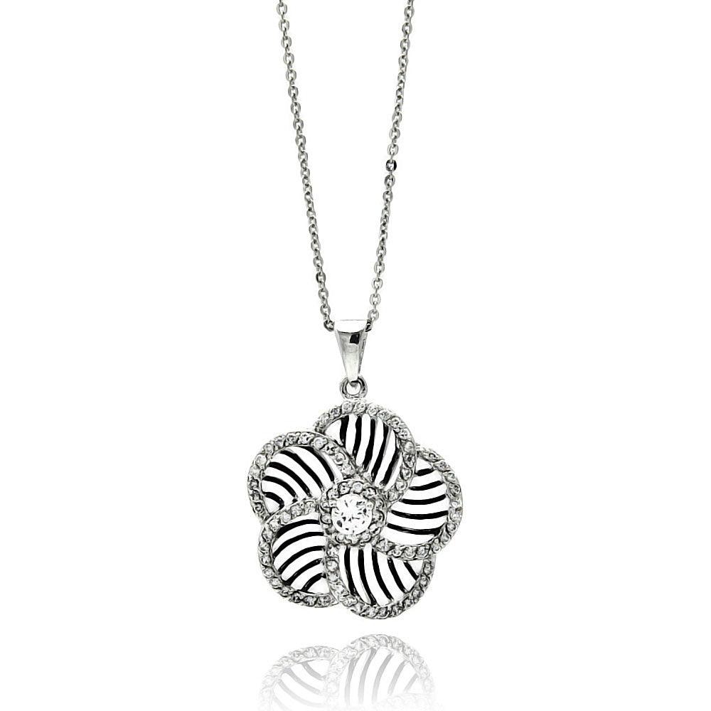 Silver 925 Rhodium Plated Flower Inner Zebra Print CZ Necklace - BGP00519