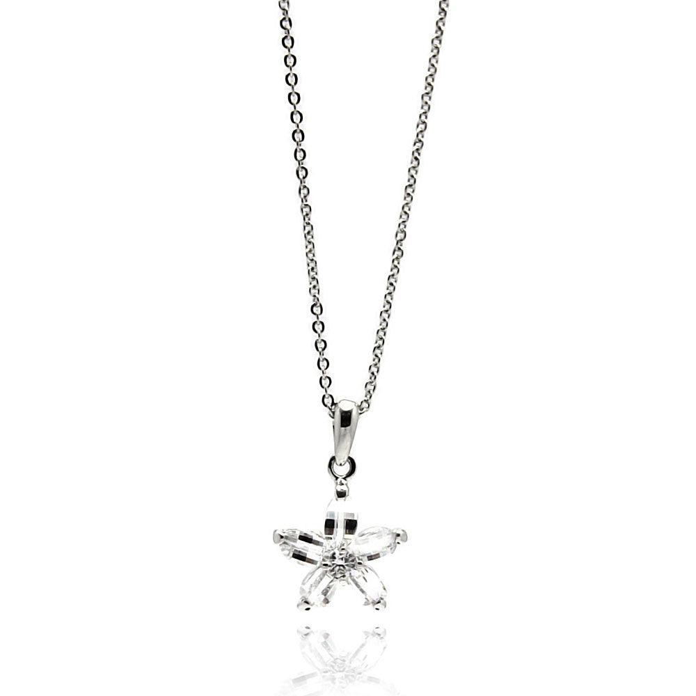 Silver 925 Rhodium Plated Flower Design CZ Necklace - BGP00535