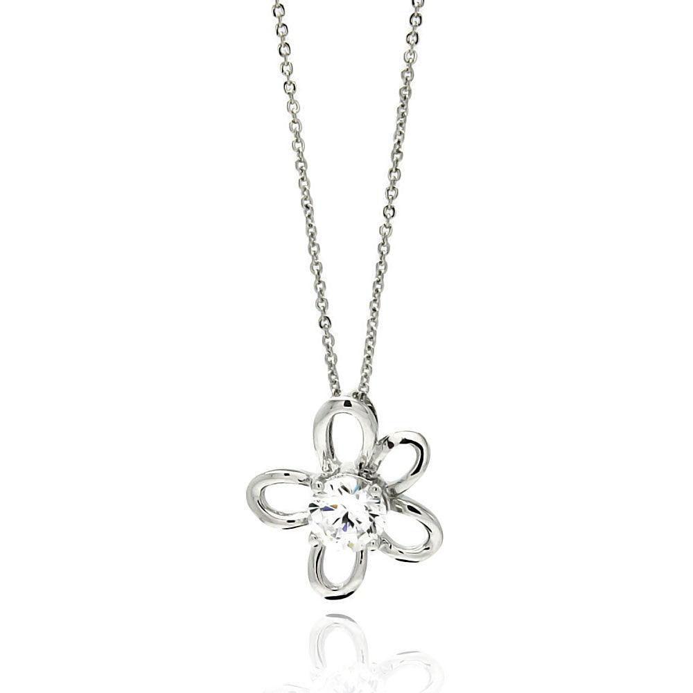 Silver 925 Rhodium Plated Open Flower Center CZ Necklace - BGP00565