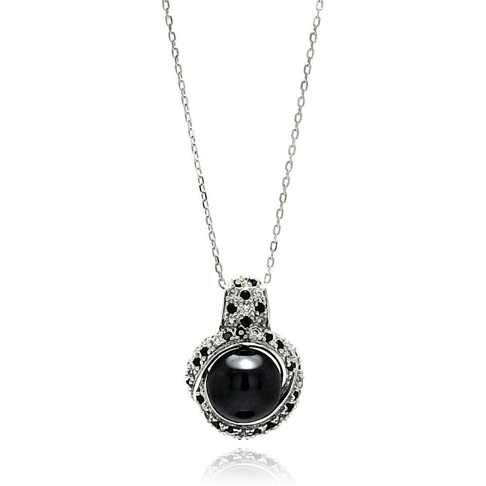 Silver 925 Rhodium Plated Round CZ Black Center Pearl Necklace - BGP00573