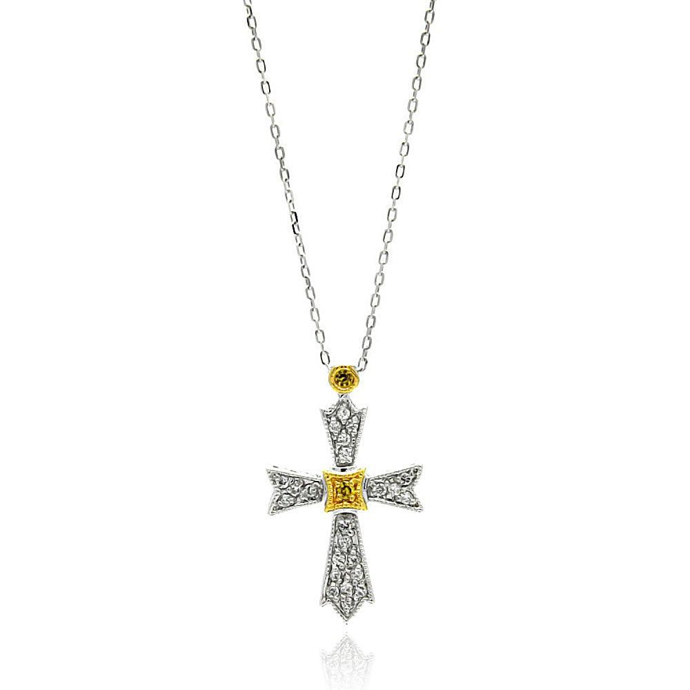 Silver 925 Gold and Rhodium Plated Cross Two Toned CZ Necklace - BGP00575