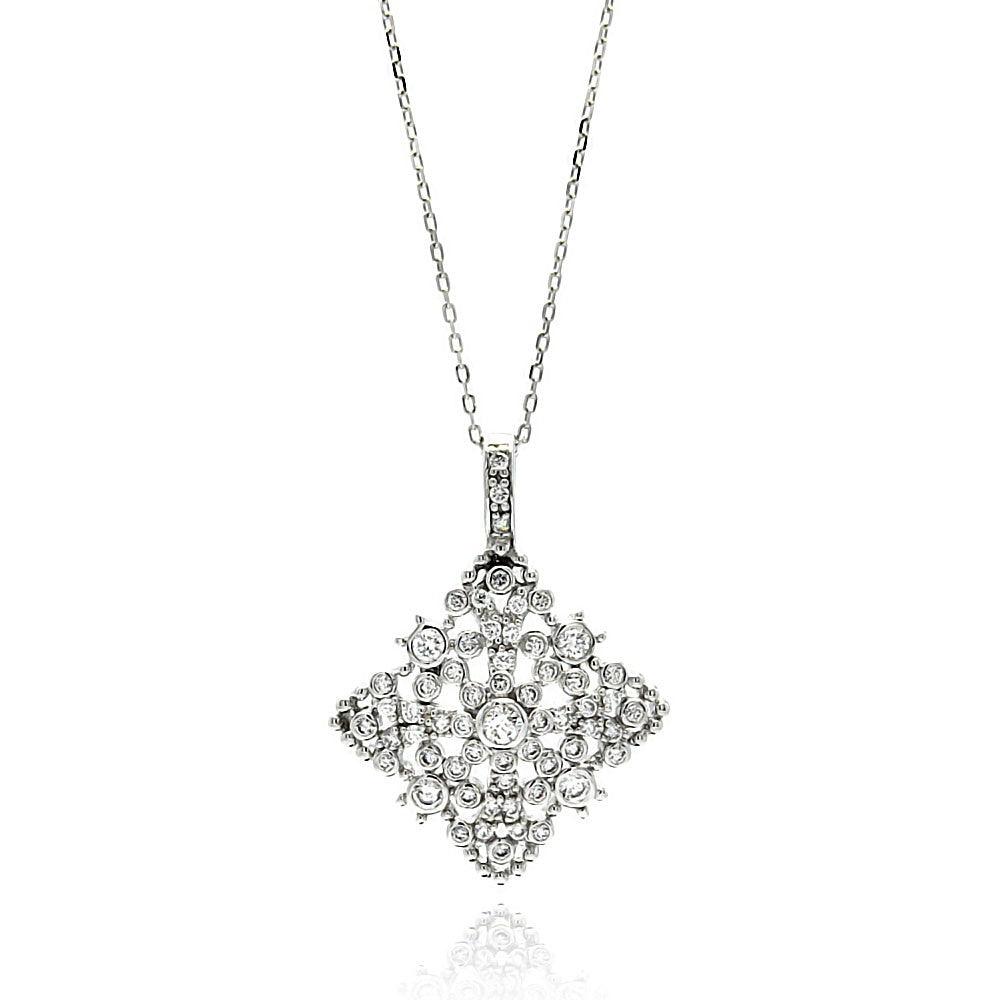 Silver 925 Rhodium Plated Open Square Filigree CZ Necklace - BGP00594
