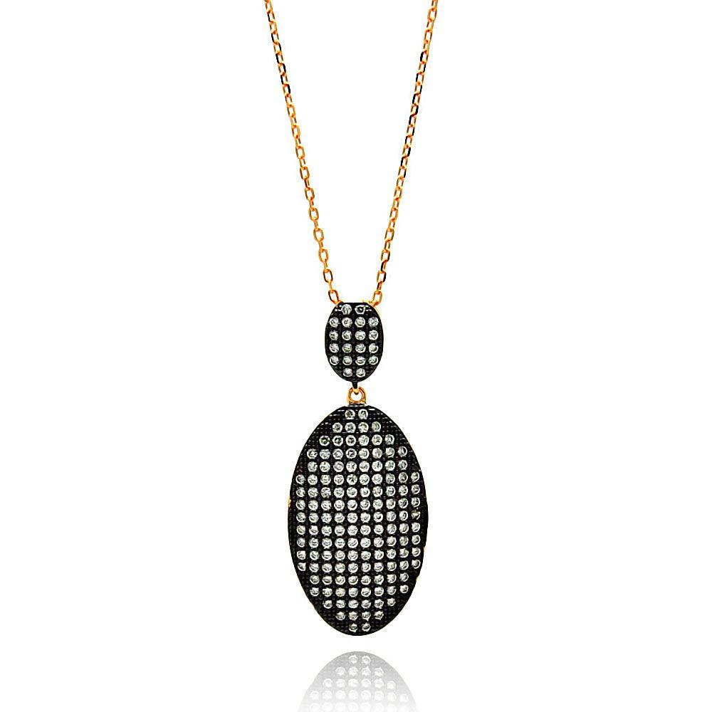 Silver 925 Rose Gold and Black Plated Graduated Oval Black and Clear CZ Necklace - BGP00607