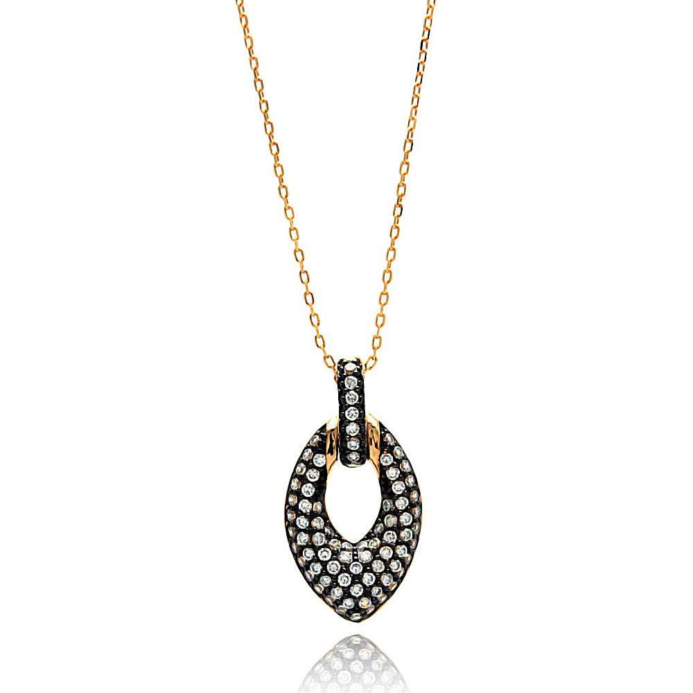Silver 925 Gold Plated Open Marquis Black and Clear CZ Necklace - BGP00636