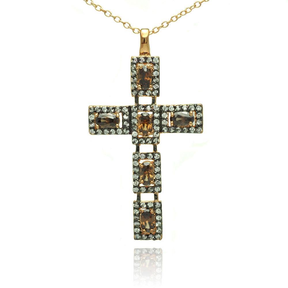 Silver 925 Rhodium Plated Cross Clear and Champagne CZ Necklace - BGP00714