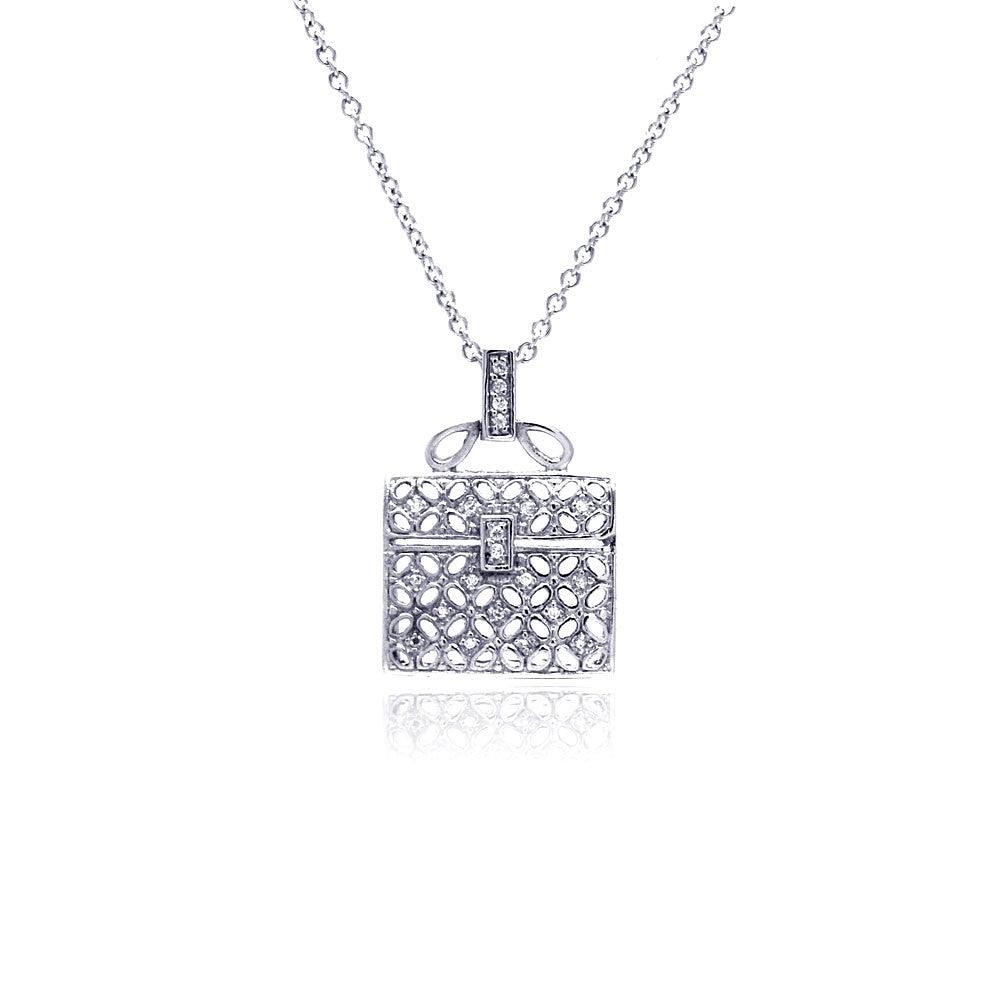Silver 925 Clear CZ Rhodium Plated Handbag Pendant Necklace - STP00007