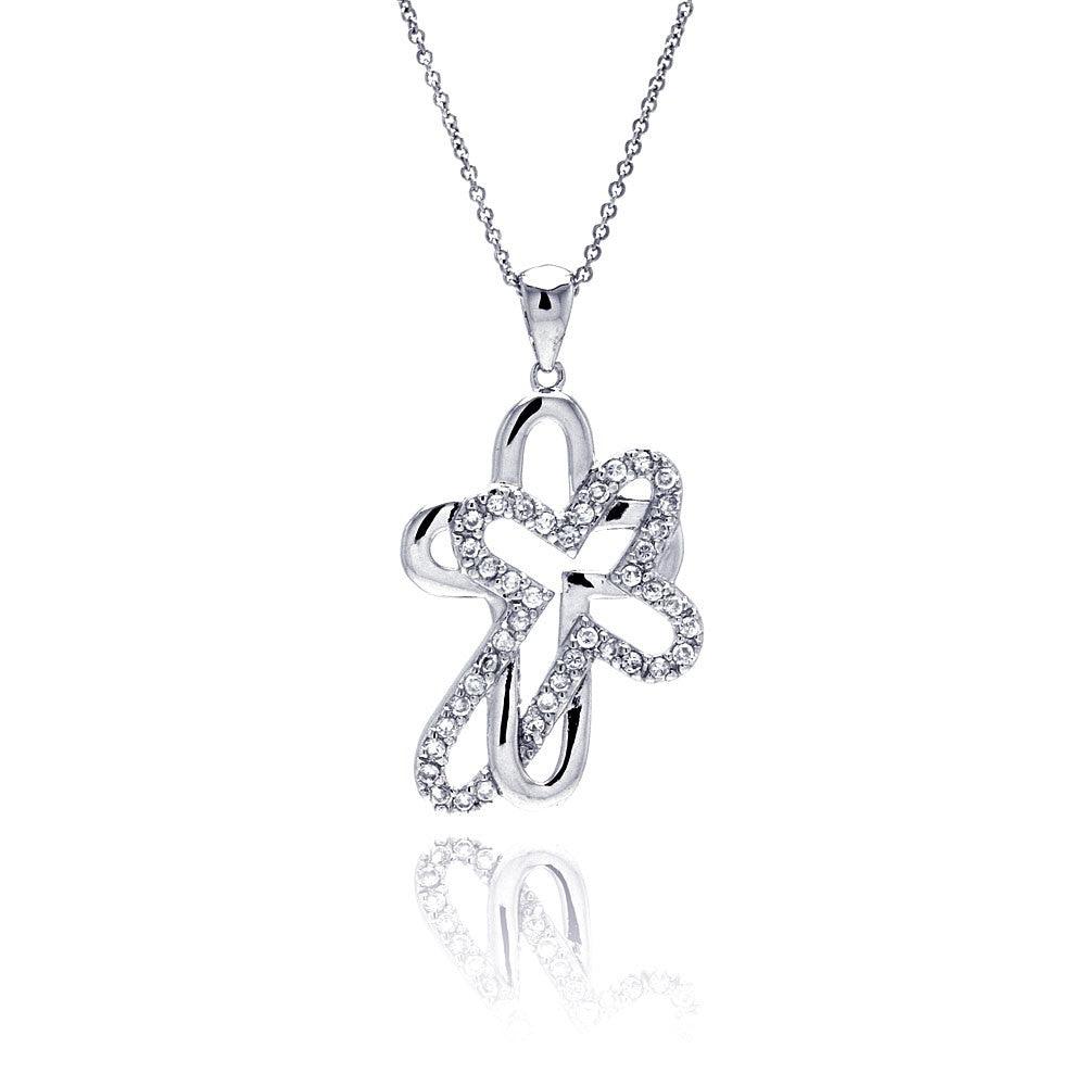 Silver 925 Clear CZ Rhodium Plated Double Cross Pendant Necklace - STP00008