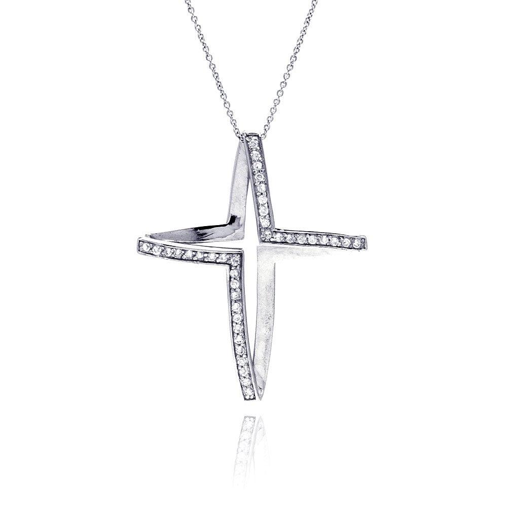 Silver 925 Clear CZ Rhodium Plated Fancy Cross Pendant Necklace - STP00015