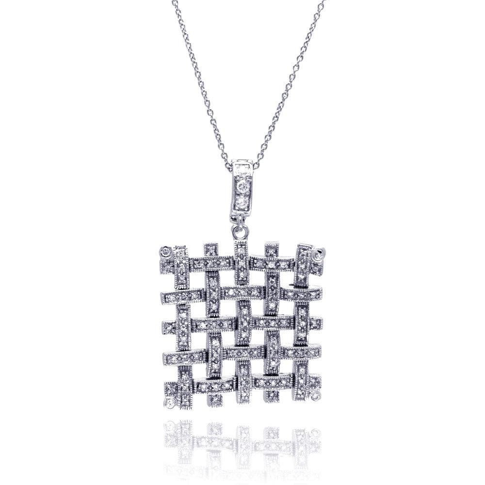 Silver 925 Clear CZ Rhodium Plated Mesh Pendant Necklace - STP00028