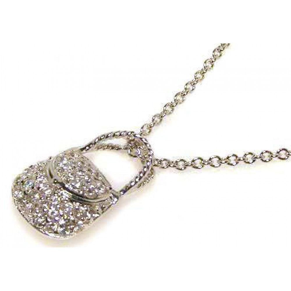 Silver 925 Clear CZ Rhodium Plated Hand Bag Pendant Necklace - STP00062