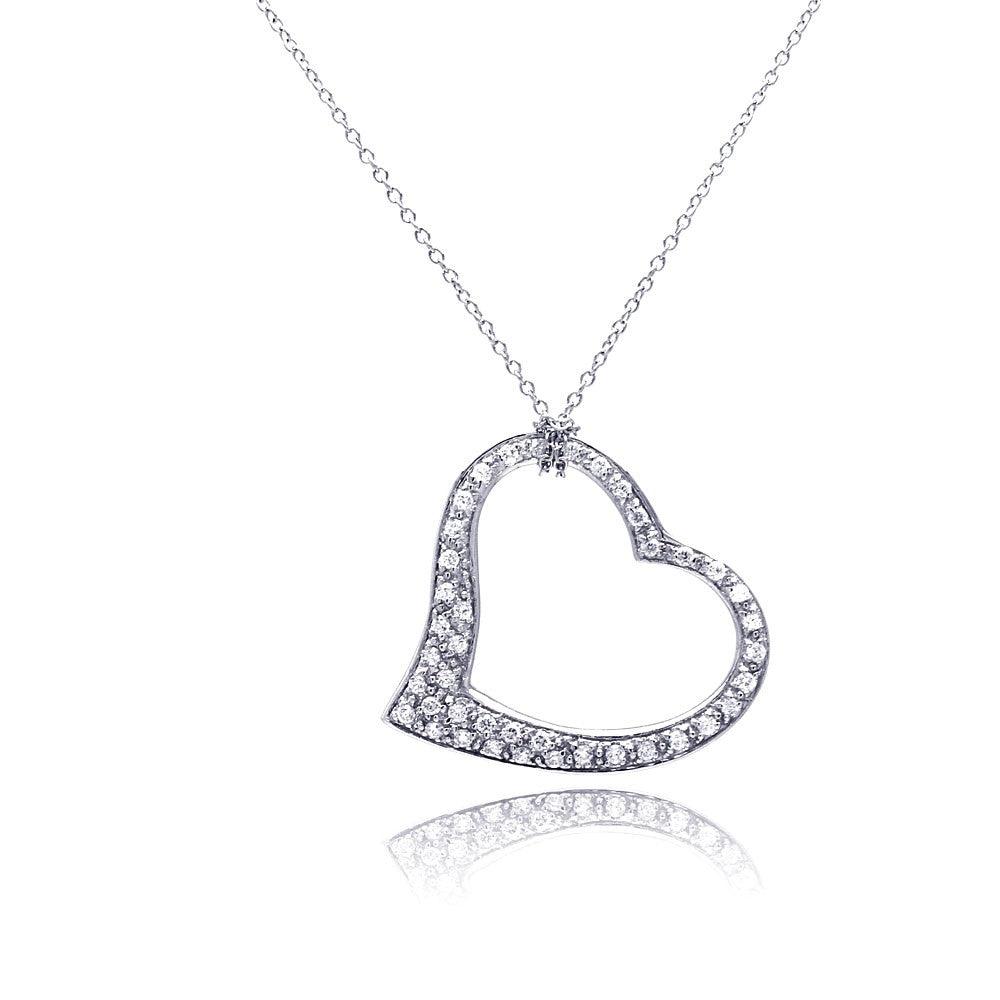 Silver 925 Clear CZ Rhodium Plated Dangling Heart Pendant Necklace - STP00068