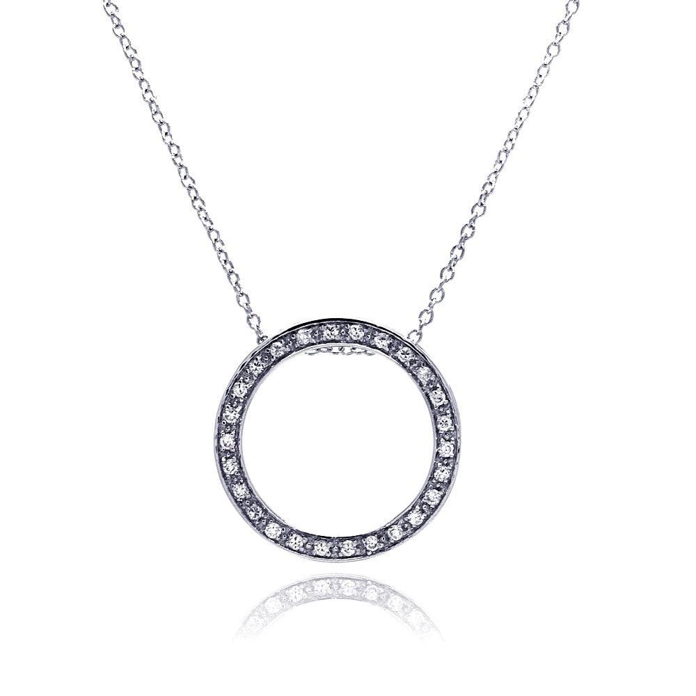 Silver 925 Clear CZ Rhodium Plated Round Pendant Necklace - STP00072