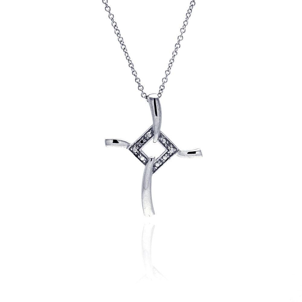 Silver 925 Clear CZ Rhodium Plated Fancy Cross Pendant Necklace - STP00075RH