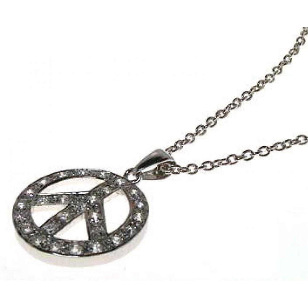 Silver 925 Clear CZ Rhodium Plated Peace Logo Pendant Necklace - STP00084