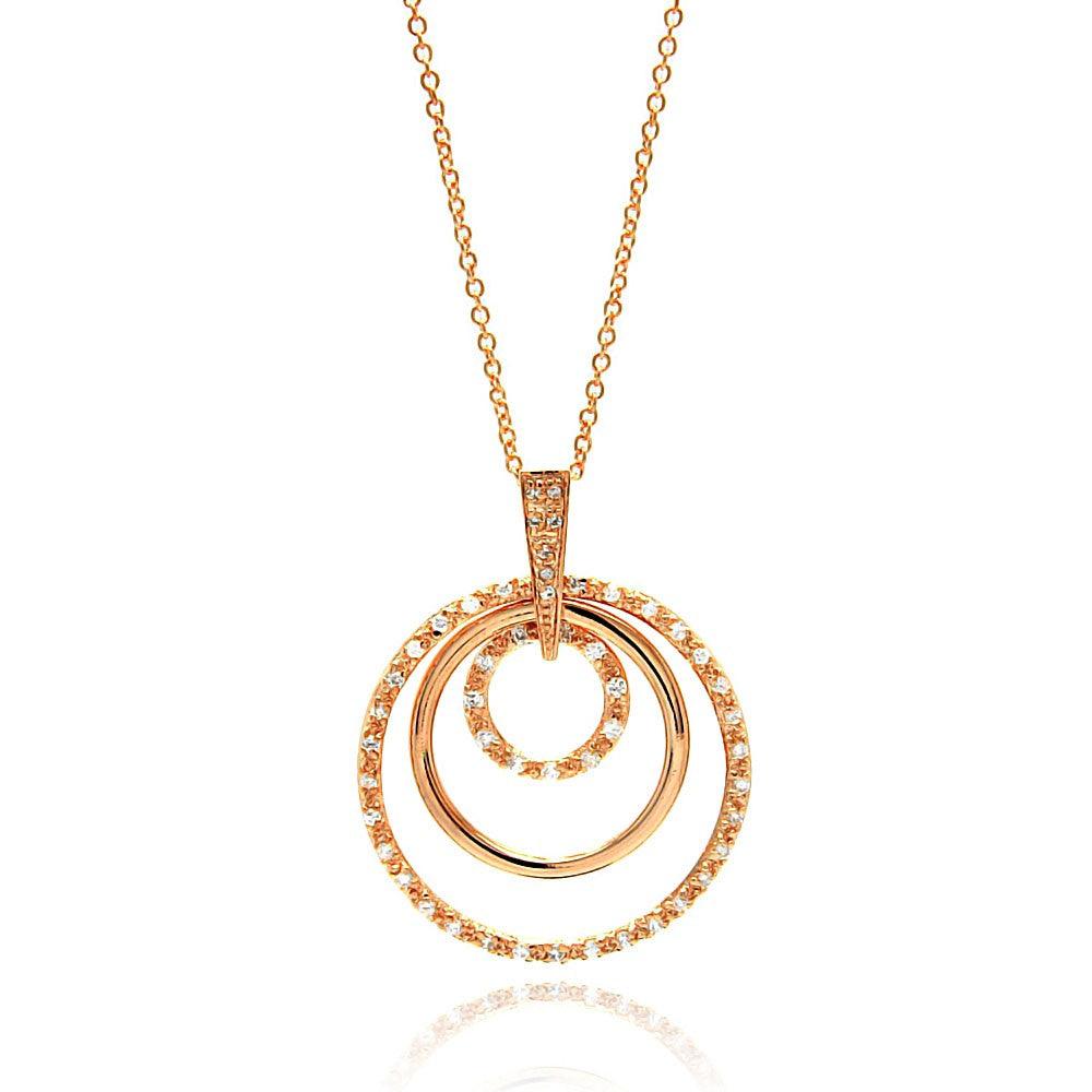 Silver 925 Clear CZ Rose Gold Plated Multi Circle Pendant Necklace - STP00101RGP