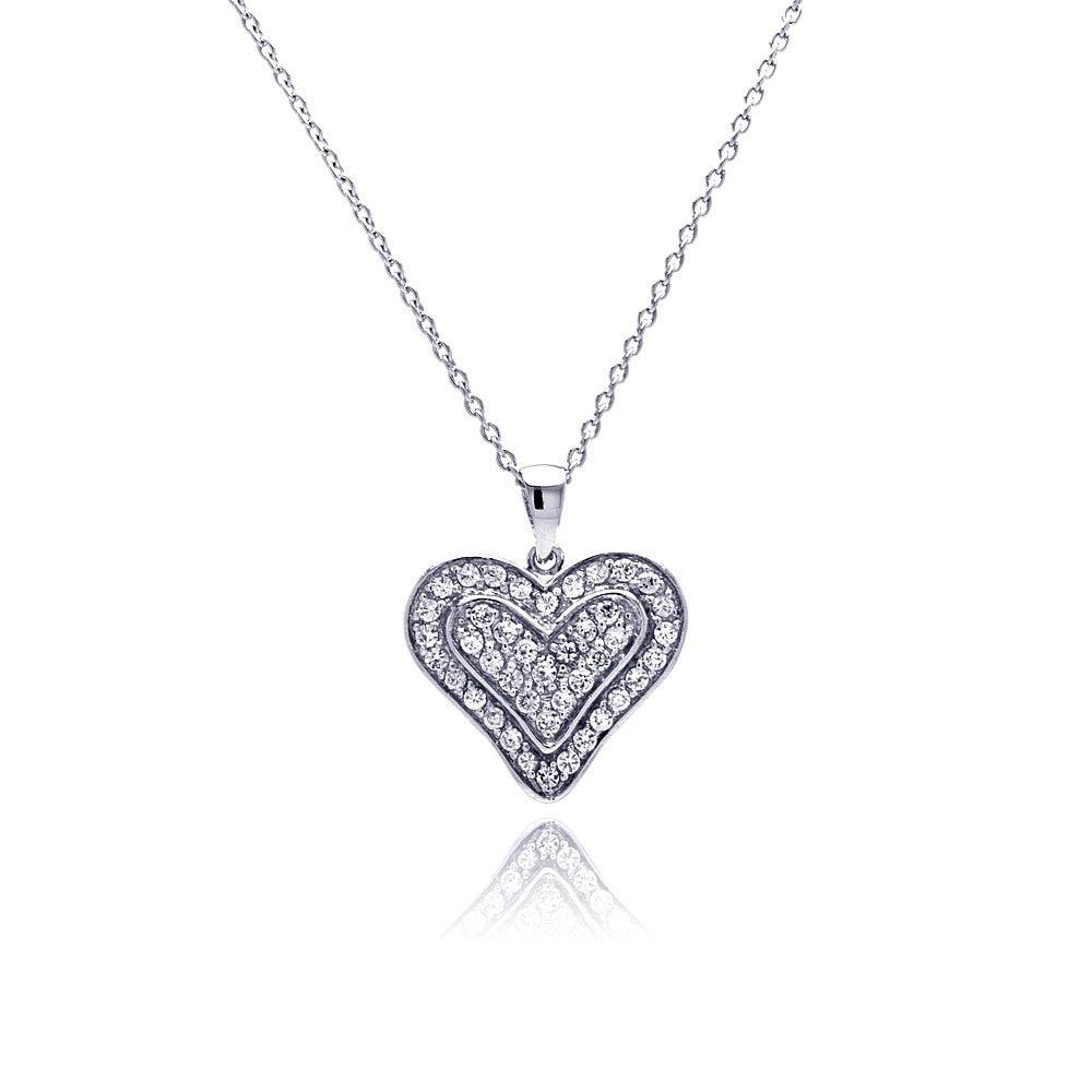 Silver 925 Clear CZ Rhodium Plated Single Heart Pendant Necklace - STP00110