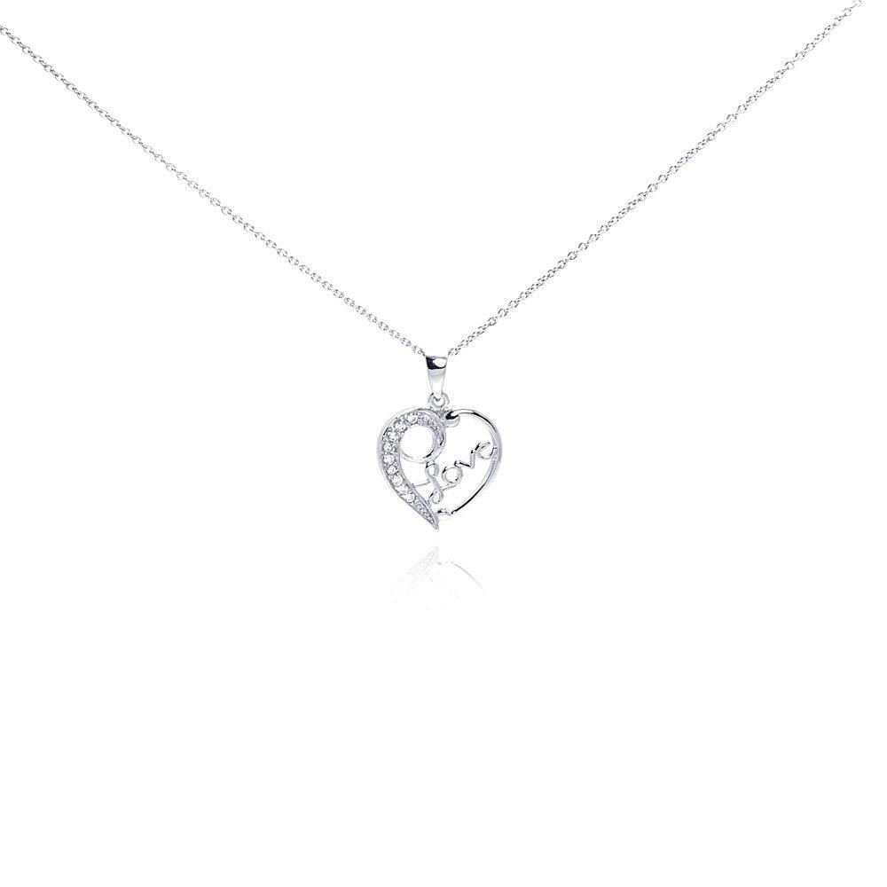 Silver 925 Clear CZ Rhodium Plated Heart Love Accent Pendant Necklace - STP00115