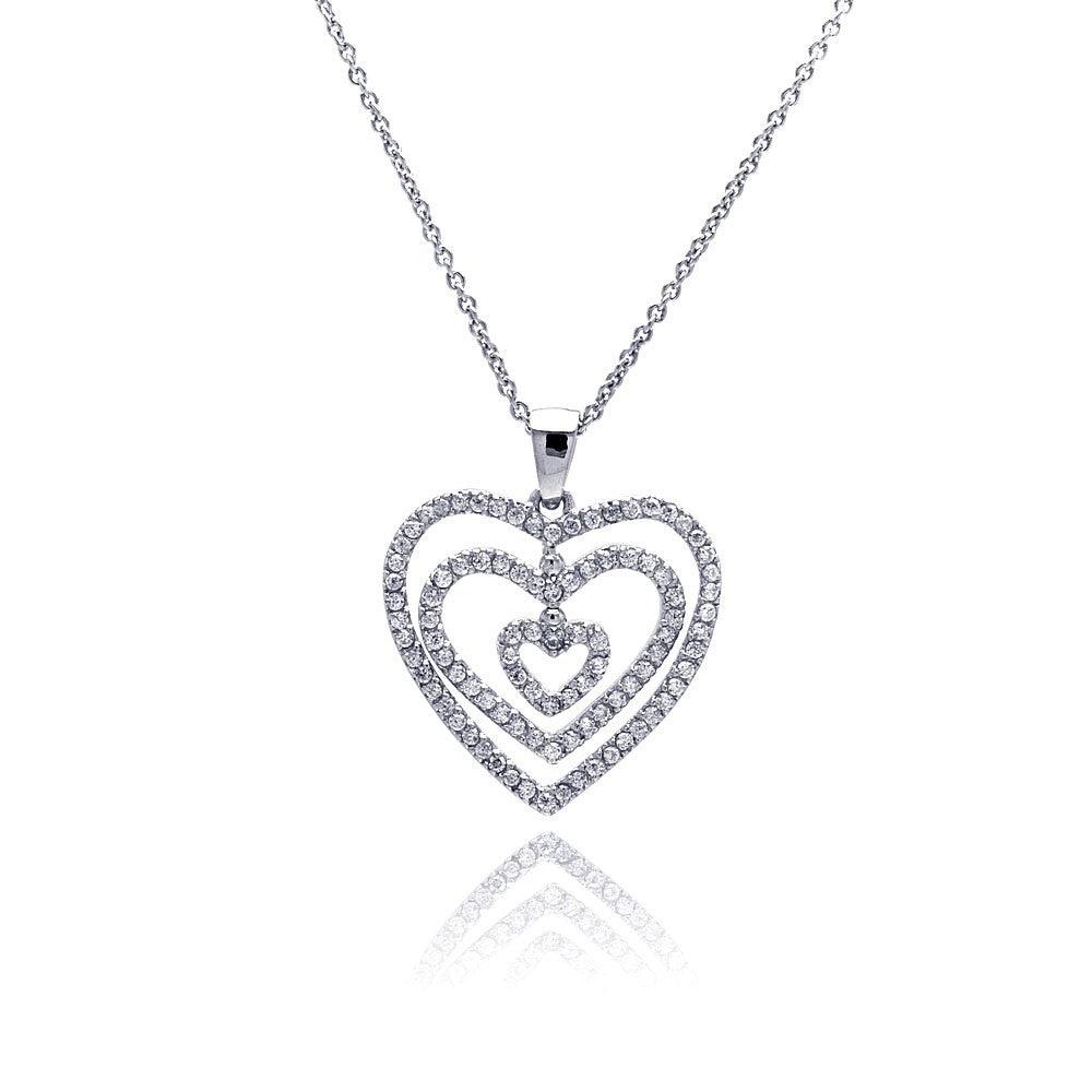 Silver 925 Clear CZ Rhodium Plated Graduated Heart Pendant Necklace - STP00118