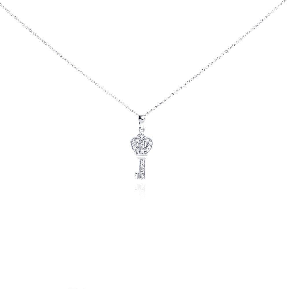 Silver 925 Clear CZ Rhodium Plated Small Key Pendant Necklace - STP00122