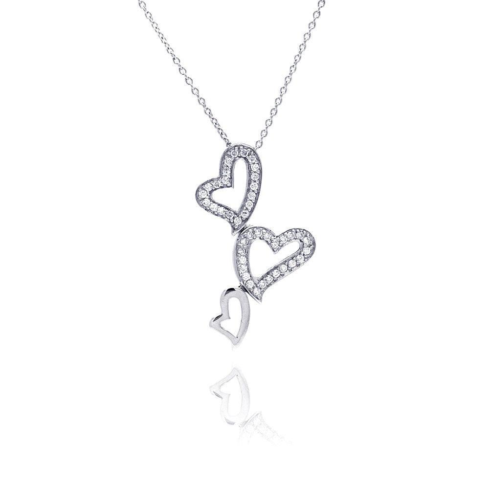 Silver 925 Clear CZ Rhodium Plated 3 Hearts Pendant Necklace - STP00125