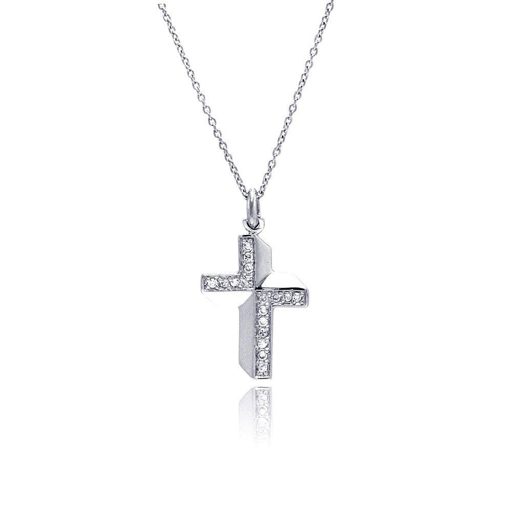 Silver 925 Clear CZ Rhodium Plated Fancy Cross Pendant Necklace - STP00132