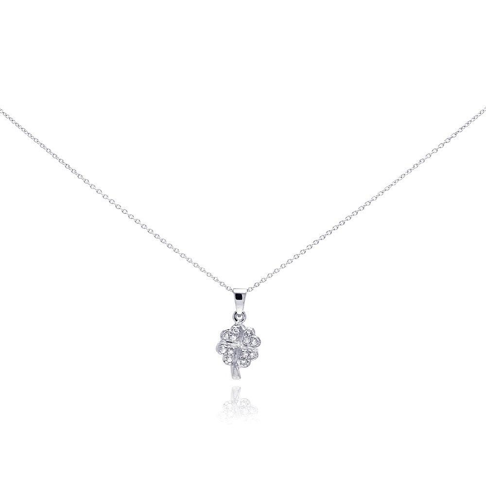Silver 925 Clear CZ Rhodium Plated Clover Pendant Necklace - STP00135