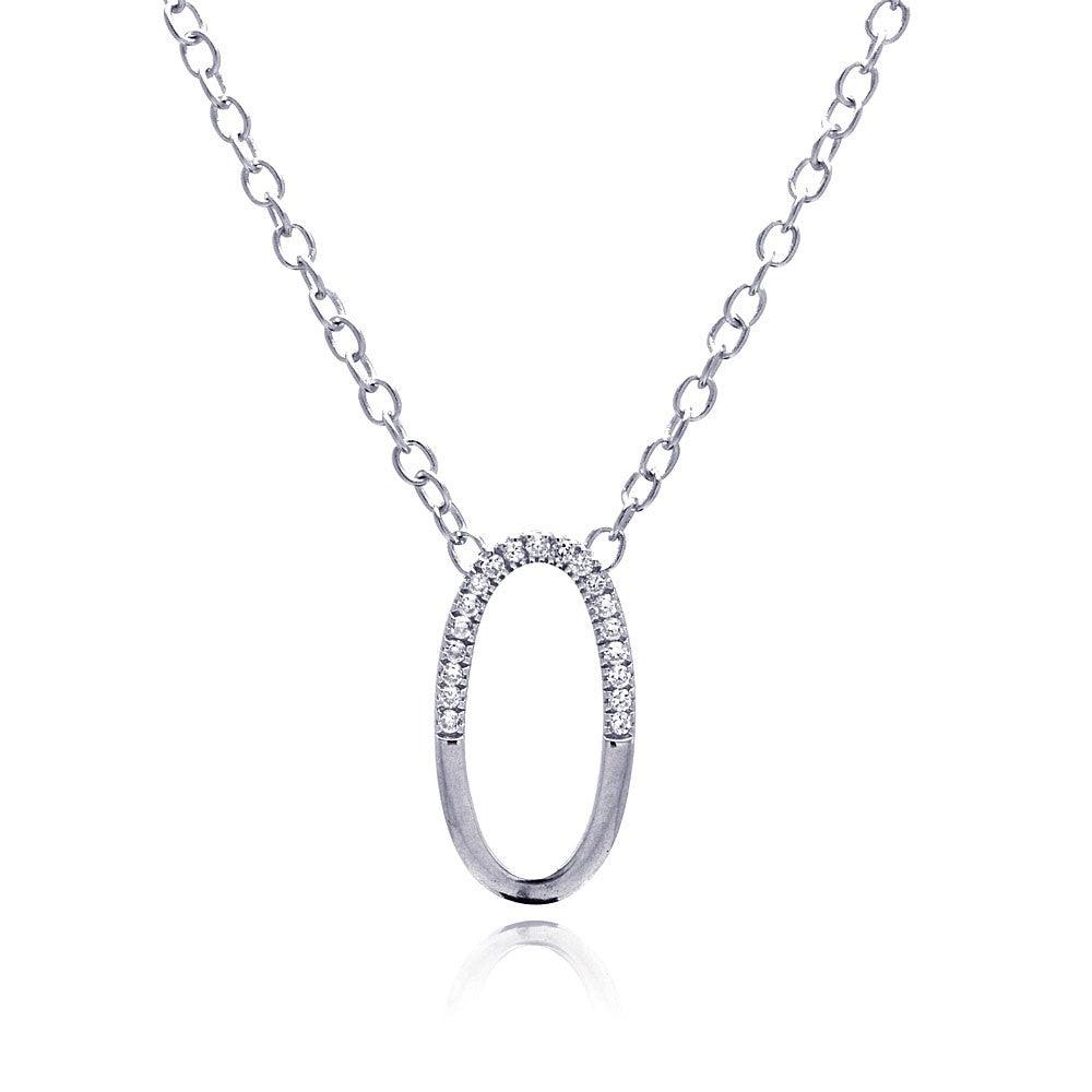 Silver 925 Clear CZ Rhodium Plated Oval Pendant Necklace - STP00149