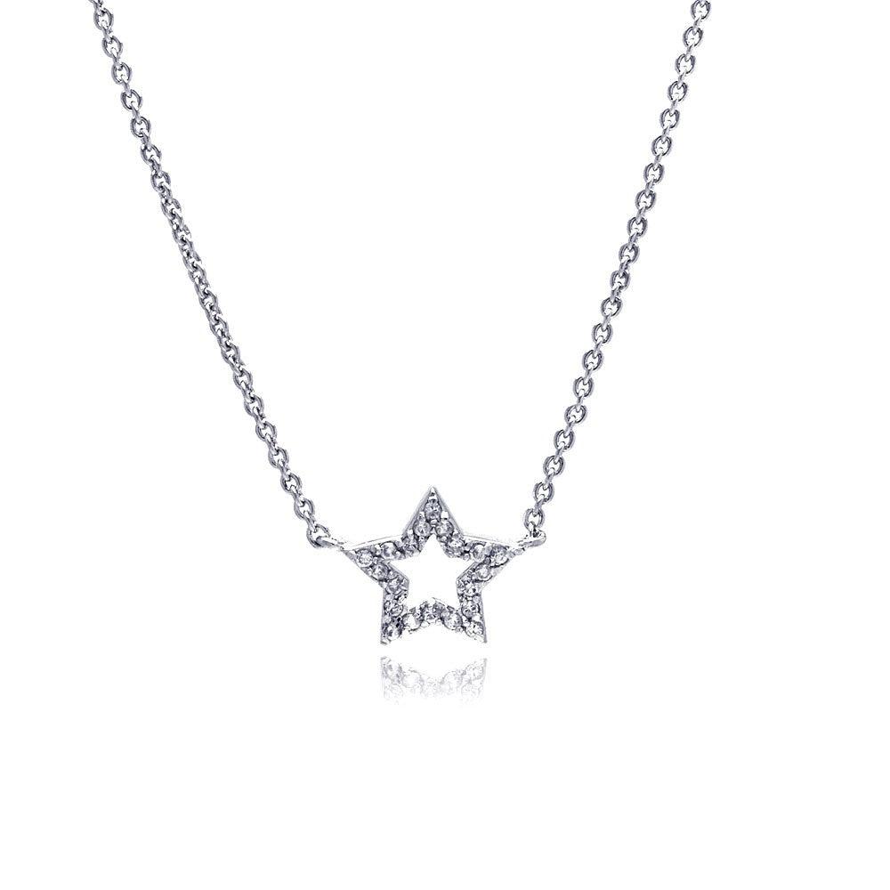 Silver 925 Clear CZ Rhodium Plated Star Pendant Necklace - STP00166